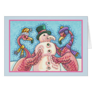 PINK FLAMINGO SNOWMAN, CHRISTMAS GREETING CARD B