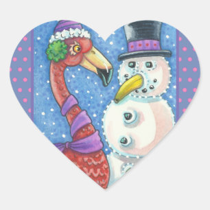 PINK FLAMINGO SNOWMAN, CHRISTMAS STICKERS Heart