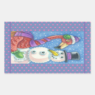 PINK FLAMINGO SNOWMAN CHRISTMAS STICKERS Rectangle