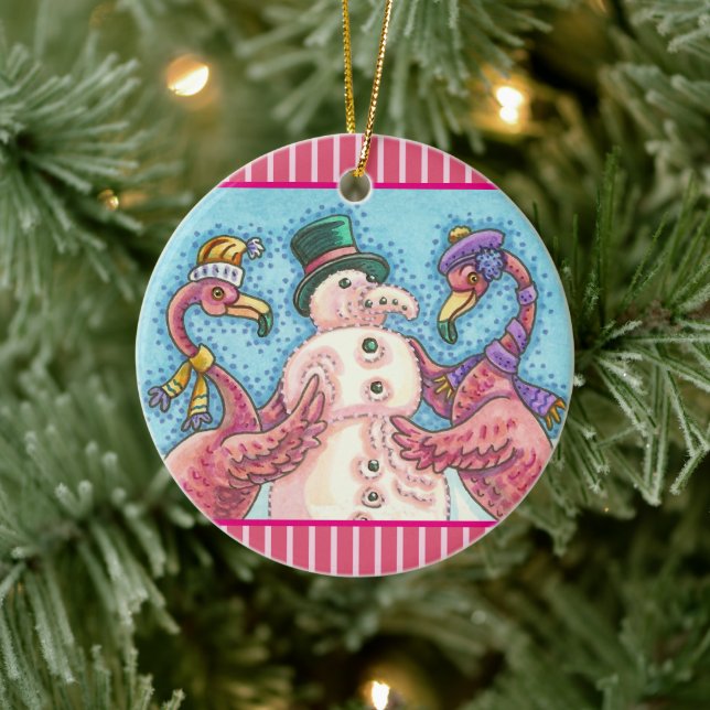 PINK FLAMINGO SNOWMAN, FUNNY CHRISTMAS BIRDS CERAMIC TREE DECORATION (Tree)