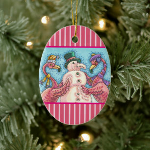 PINK FLAMINGO SNOWMAN, FUNNY CHRISTMAS BIRDS CERAMIC TREE DECORATION