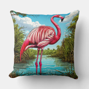 Pink Flamingo Standing in a Serene Tropical Cushion