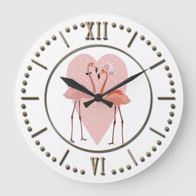 Pink Flamingo stylish heart love Large Clock (Front)