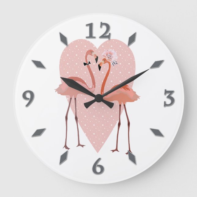Pink Flamingo stylish heart love Large Clock (Front)
