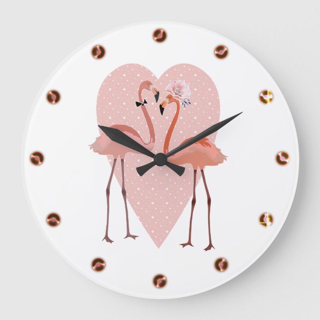 Pink Flamingo stylish heart love Large Clock (Front)