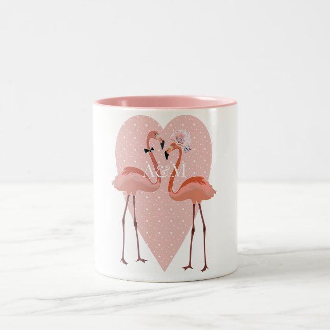 Pink Flamingo stylish heart love Two-Tone Coffee Mug (Center)
