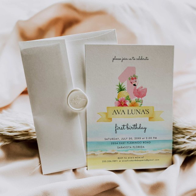Pink Flamingo Summer Girl 1st Birthday Invitation (Creator Uploaded)