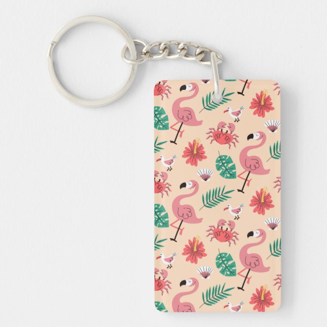 Pink Flamingo Summer Tropical Pattern Key Ring (Front)