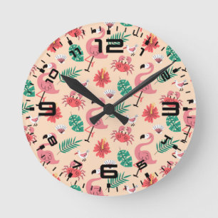 Pink Flamingo Summer Tropical Pattern Round Clock