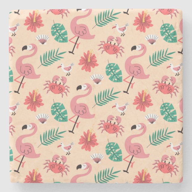 Pink Flamingo Summer Tropical Pattern Stone Coaster (Front)