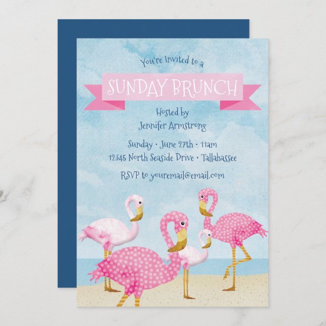 Pink Flamingo Sunday Brunch Party Invitation (Front/Back)