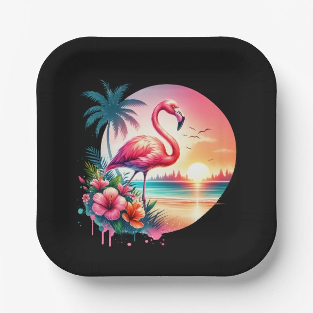 Pink Flamingo Sunset Clipart  Paper Plate (Front)