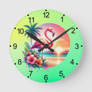 Pink Flamingo Sunset Clipart Round Clock