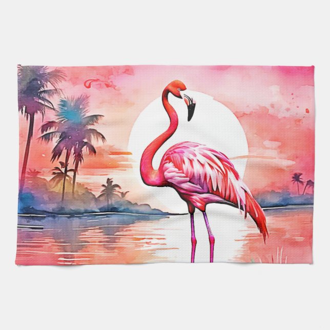Pink Flamingo Sunset Tea Towel (Horizontal)
