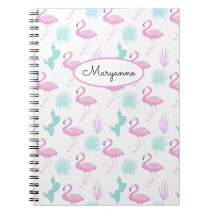 Pink Flamingo Teal Cactus Personalise Name Notebook