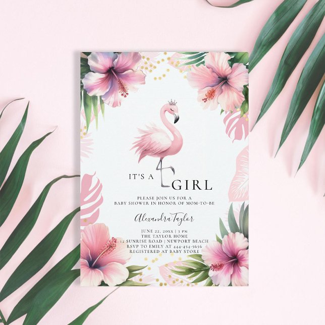 Pink Flamingo Tiara Bold Tropical Girl Baby Shower Invitation (pink flamingo baby girl shower invitation hibiscus tropical floral palm leaf watercolor gold elegant)