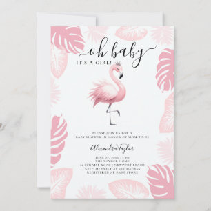 Pink Flamingo Tiara Tropical Leaf Girl Baby Shower Invitation
