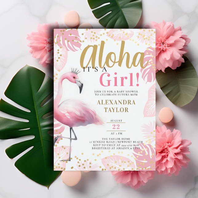 Pink Flamingo Tropical Aloha Girl Baby Shower Invitation (pink flamingo baby girl shower invitation summer tropical foliage gold tiara aloha hawaii elegant)