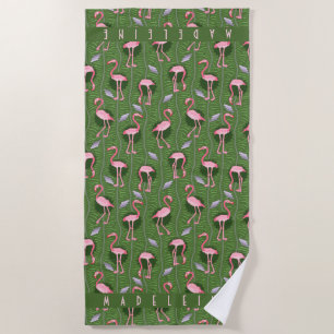 Pink Flamingo Tropical Art Deco Dark Green Custom Beach Towel