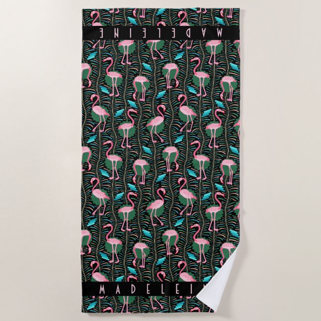 Pink Flamingo Tropical Art Deco Retro Black Custom Beach Towel (Front)