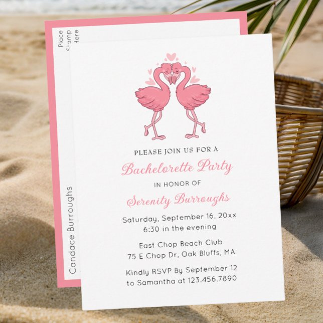 Pink Flamingo Tropical Beach Bachelorette Party Invitation Postcard (Creator Uploaded)