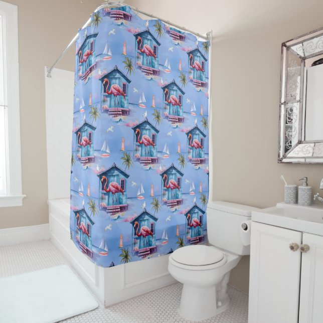 Pink Flamingo Tropical Beach Bathroom Decor Shower Curtain (In Situ)