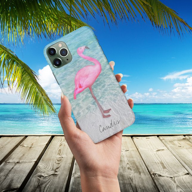 Pink Flamingo Tropical Beach Modern Add Your Name  Case-Mate iPhone Case (Creator Uploaded)