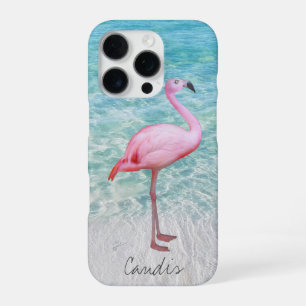 Pink Flamingo Tropical Beach Modern Add Your Name iPhone 16 Pro Case