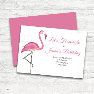 Pink Flamingo Tropical Birthday Party Watercolor Invitation