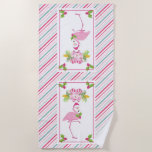 Pink Flamingo Tropical Christmas Beach Towel<br><div class="desc">A whimsical tropical christmas beach towel.  A fancy pink flamingo with a leg raised up. Wearing a pink santa hat and some seasonal holly. Holly with berries also decorate the corners. A floral bouquet with candy canes above her head.A pink and green candy cane striped background.</div>