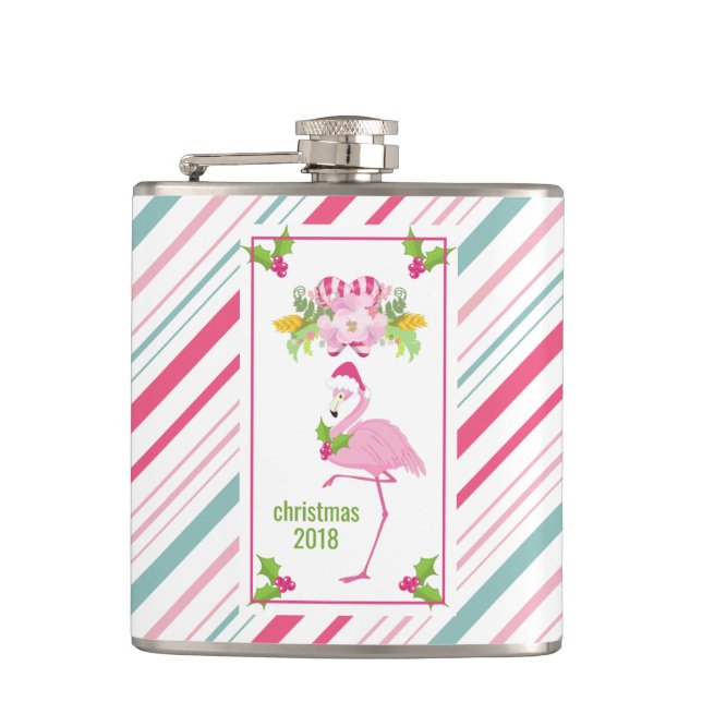 Pink Flamingo Tropical Christmas Hip Flask (Front)