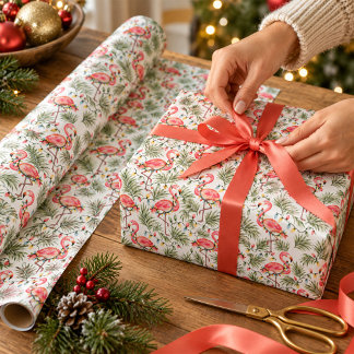 Pink Flamingo Tropical Christmas Watercolor Palms Wrapping Paper