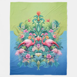 Pink Flamingo Tropical Coastal Foliage Fleece Blanket
