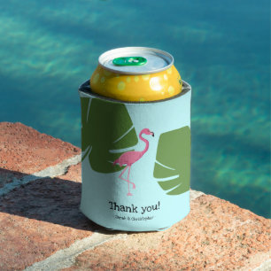 Pink Flamingo Tropical Destination Wedding teal Can Cooler