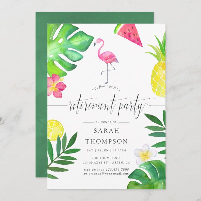 Pink Flamingo Tropical Exotic Retirement Party Invitation (Front/Back)
