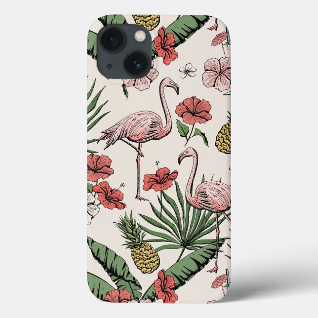 Pink Flamingo Tropical Floral iPhone 13 Case (Back)