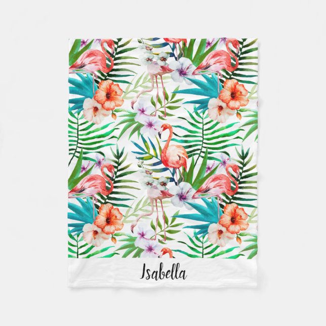 Pink Flamingo Tropical Floral Personalised Fleece Blanket (Front)