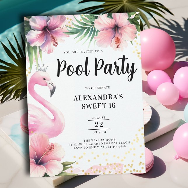 Pink Flamingo Tropical Floral Pool Party Sweet 16 Invitation (pink flamingo sweet sixteen birthday party invitation pool beach summer pineapple cocktails tiara)