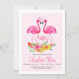 Pink Flamingo Tropical Flowers New Baby Announcement