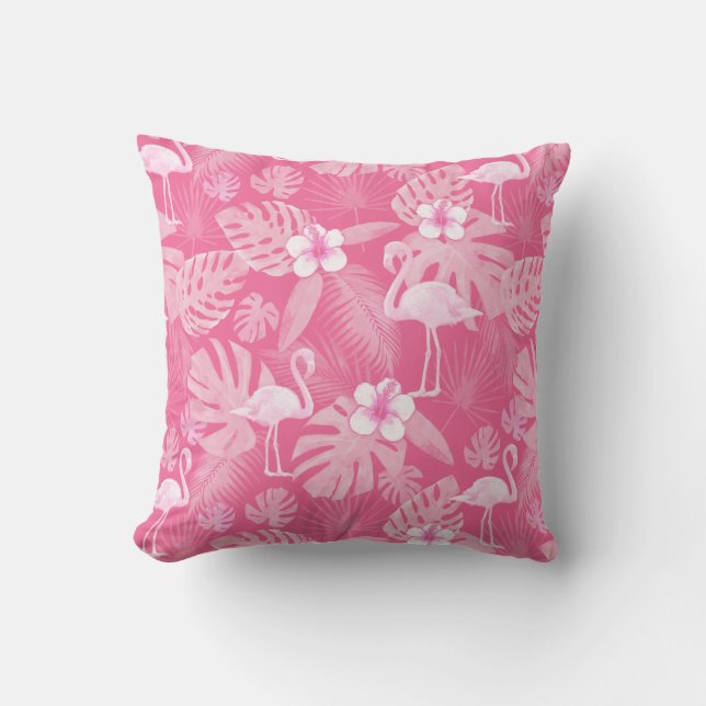 Pink Flamingo Tropical Flowers Outdoor Pillow (Front)
