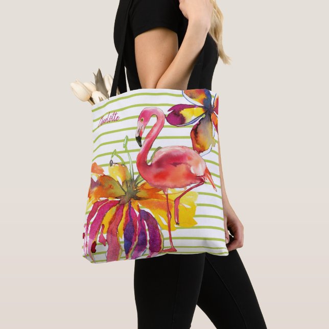 Pink Flamingo Tropical Flowers Personalised Tote Bag (Close Up)