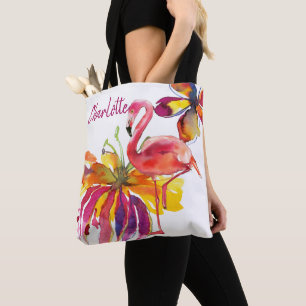 Pink Flamingo Tropical Flowers Personalised Tote Bag