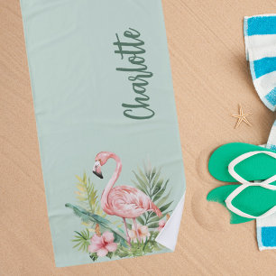 Pink flamingo tropical flowers sage green beach towel