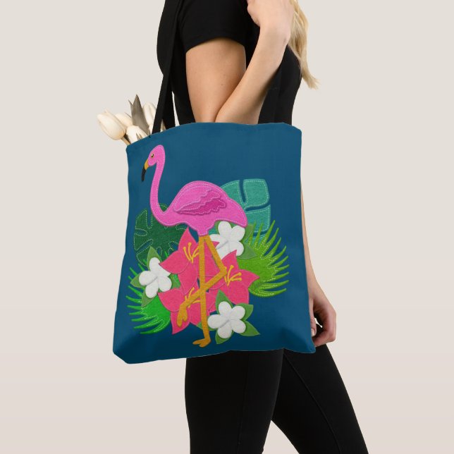 Pink Flamingo Tropical Flowers Tote Bag (Close Up)