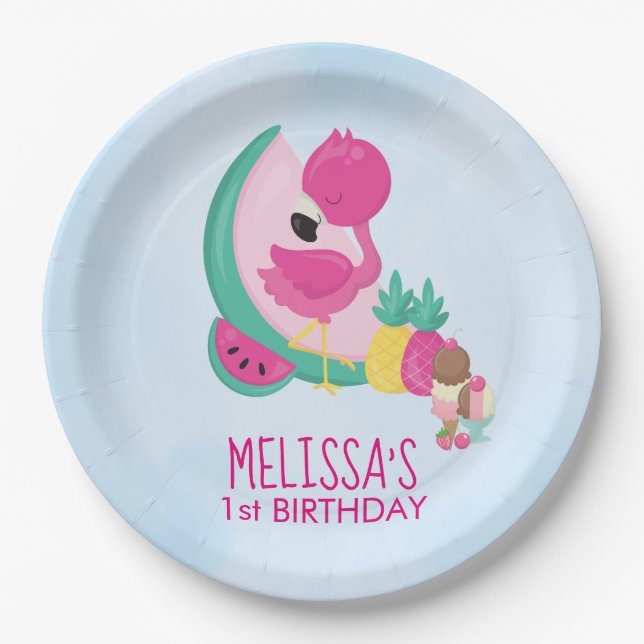 Pink Flamingo, Tropical Fruits & ice Cream Party Paper Plate (Front)
