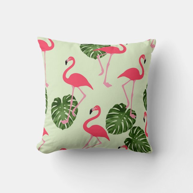 Pink Flamingo Tropical Green Leaf Pillow (Front)