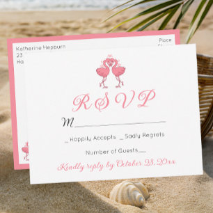 Pink Flamingo Tropical Hawaiian Beach Wedding RSVP Postcard