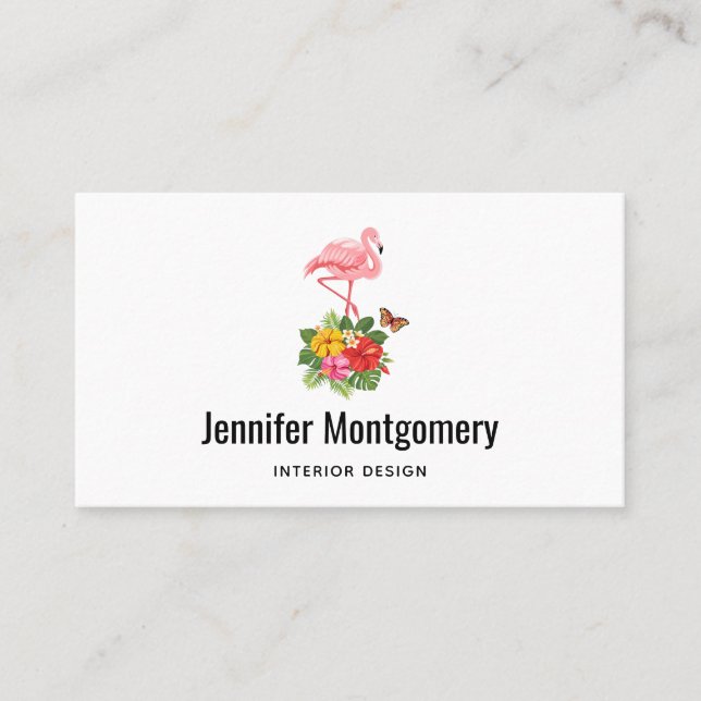 Pink Flamingo & Tropical Hibiscus Fancy Business Card (Front)