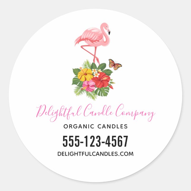 Pink Flamingo & Tropical Hibiscus Fancy Business Classic Round Sticker (Front)