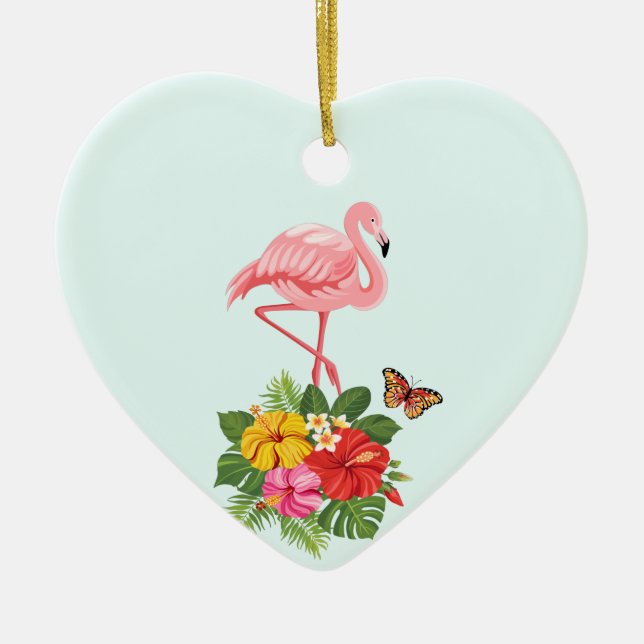 Pink Flamingo & Tropical Hibiscus Fancy Ceramic Tree Decoration (Front)